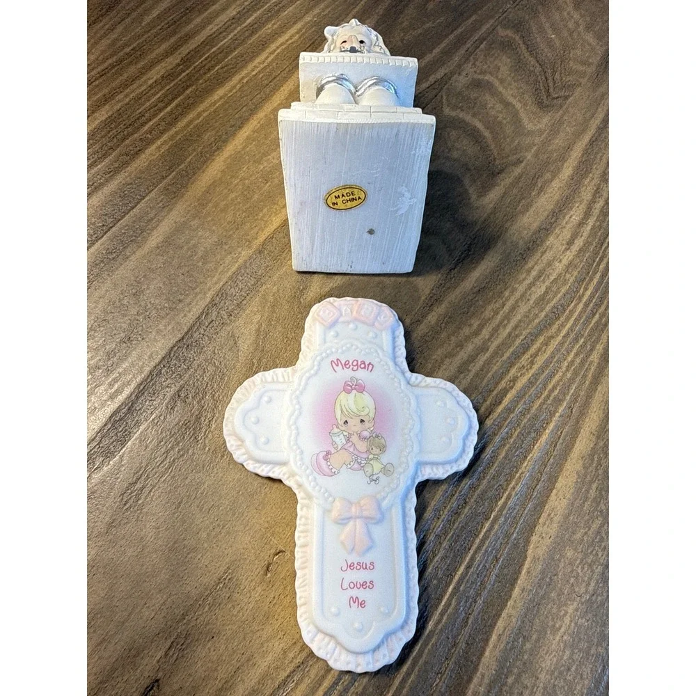VTG Precious Moments Girl Figurine & Megan Baby Cross Set of 2 Religious